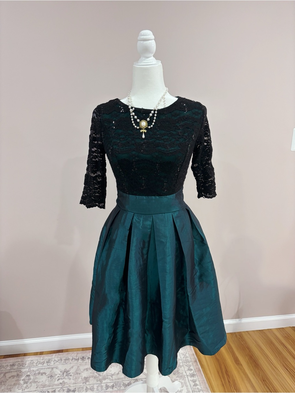 Black Lace Top Teal Satin Full Skirt Dress